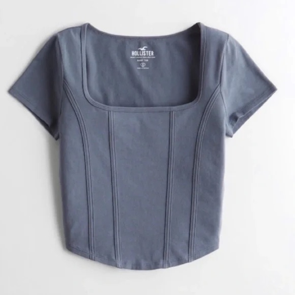 Hollister Short Sleeve Square Neck Ribbed Panel Top in Slate Blue